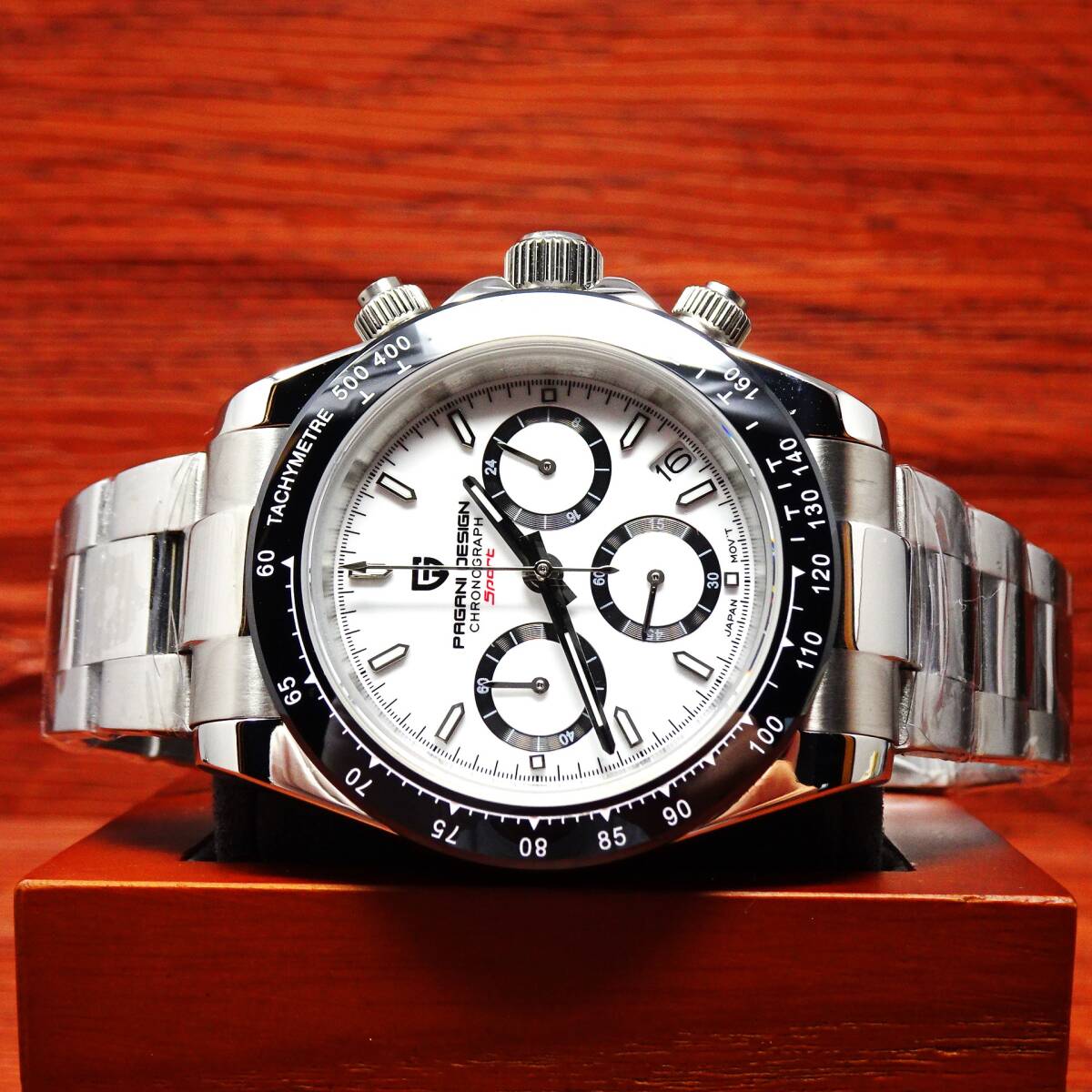 送料無料・新品・パガーニデザイン・セイコー製VK63クロノグラフ式腕時計 ・オマージュウオッチ・ステンレスモデル・ホワイト文字盤文字盤_画像1