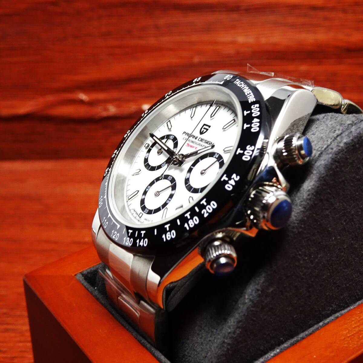 送料無料・新品・パガーニデザイン・セイコー製VK63クロノグラフ式腕時計 ・オマージュウオッチ・ステンレスモデル・ホワイト文字盤文字盤_画像5