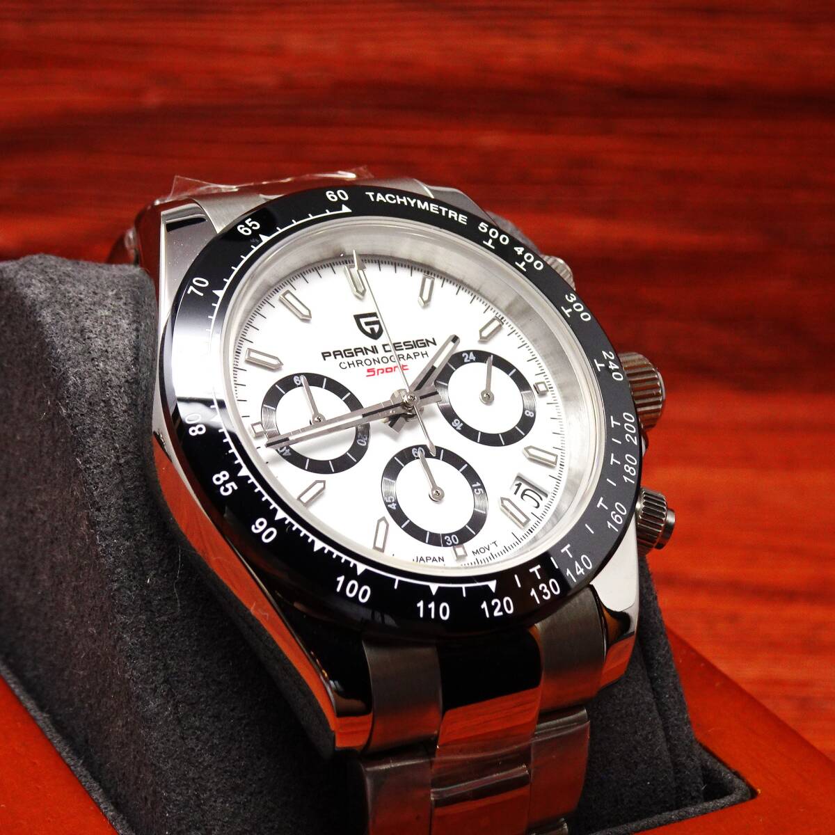 送料無料・新品・パガーニデザイン・セイコー製VK63クロノグラフ式腕時計 ・オマージュウオッチ・ステンレスモデル・ホワイト文字盤文字盤_画像7