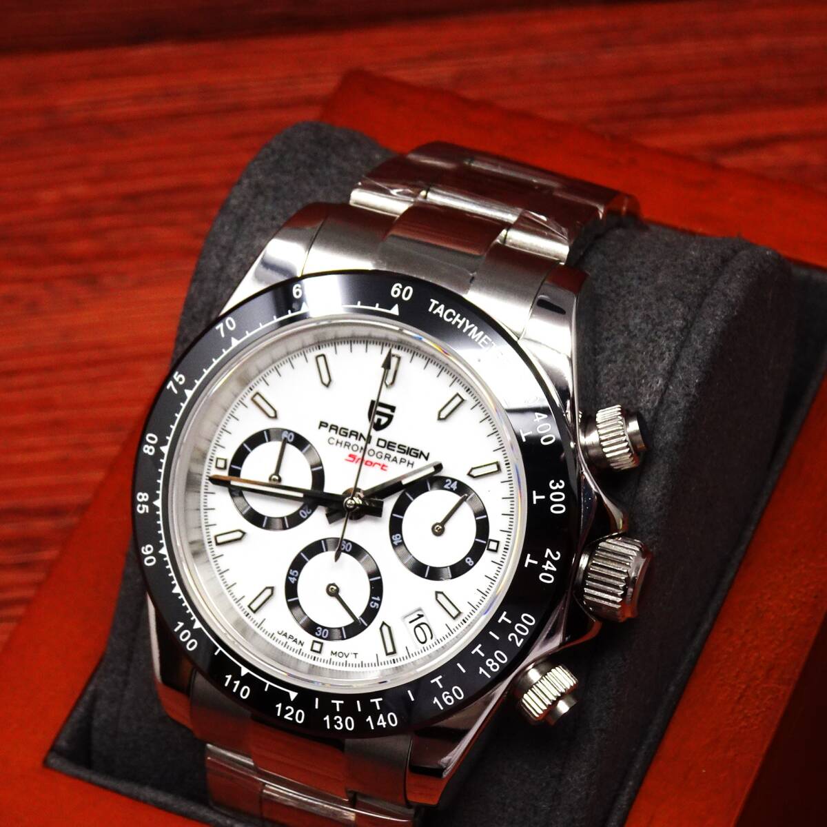 送料無料・新品・パガーニデザイン・セイコー製VK63クロノグラフ式腕時計 ・オマージュウオッチ・ステンレスモデル・ホワイト文字盤文字盤_画像8