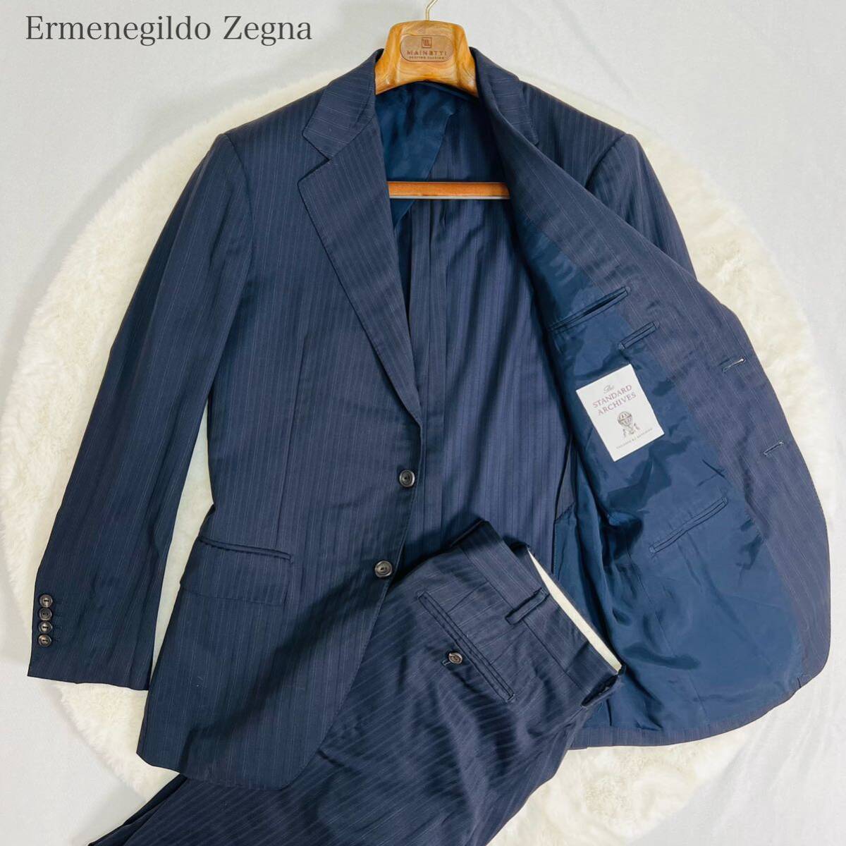 【高級】Ermenegildo Zegna × 五大陸 エルメネジルド ゼニア セットアップスーツ ネイビー × ストライプ Lサイズ相当_画像1