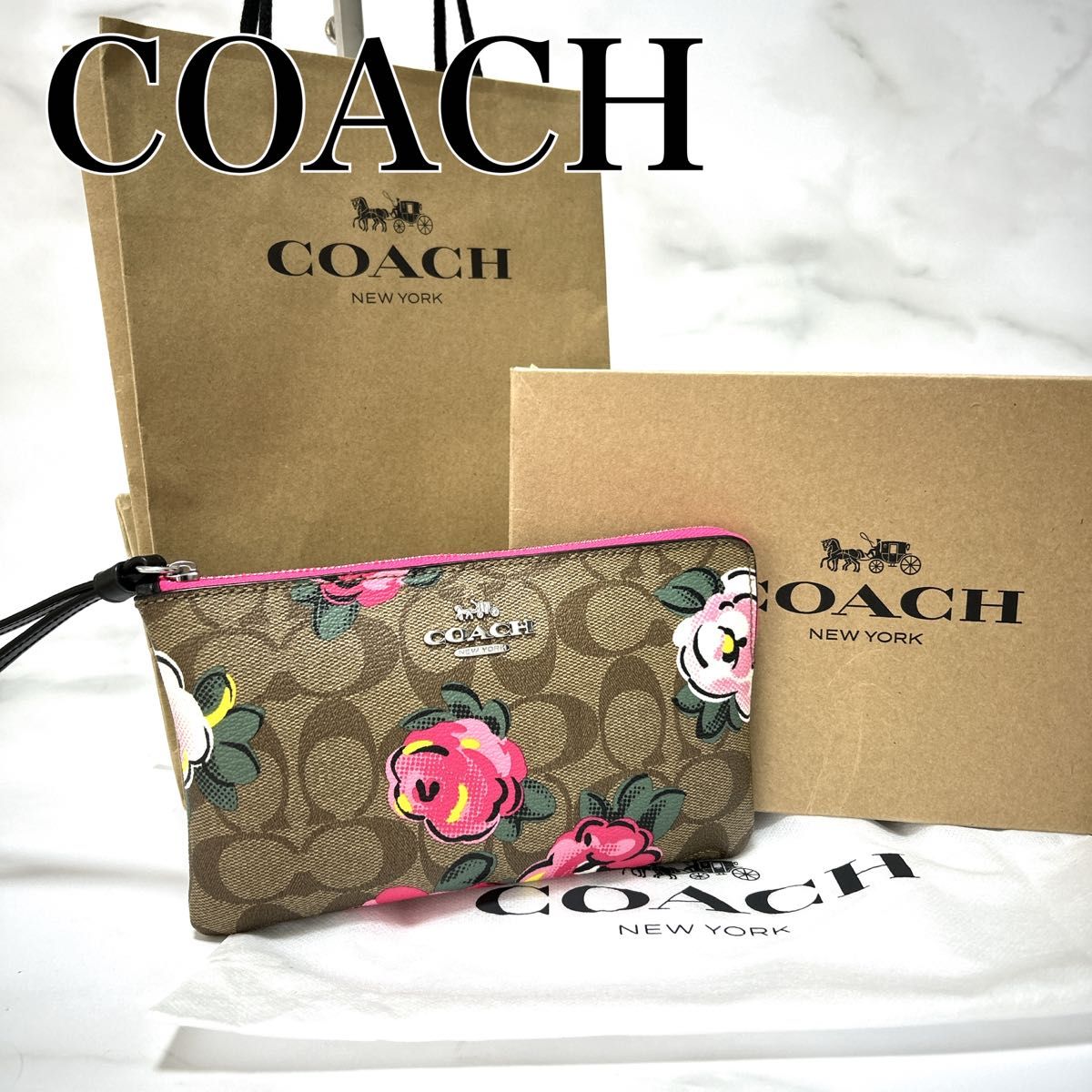 COACH コーチ　ハンドバッグ  ポーチ　シグネチャー　花柄　ベージュ