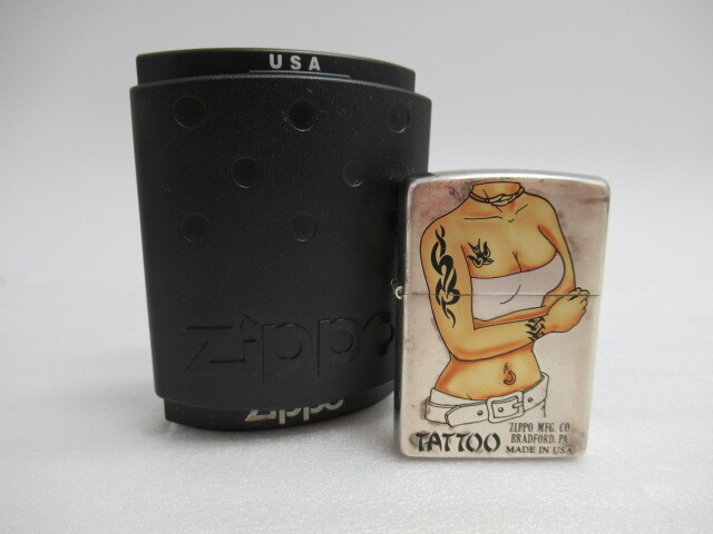 Zippo ジッポ ライター タトゥサンバーン 2004年製 シルバーカラー 箱付 USED 現状品_画像1