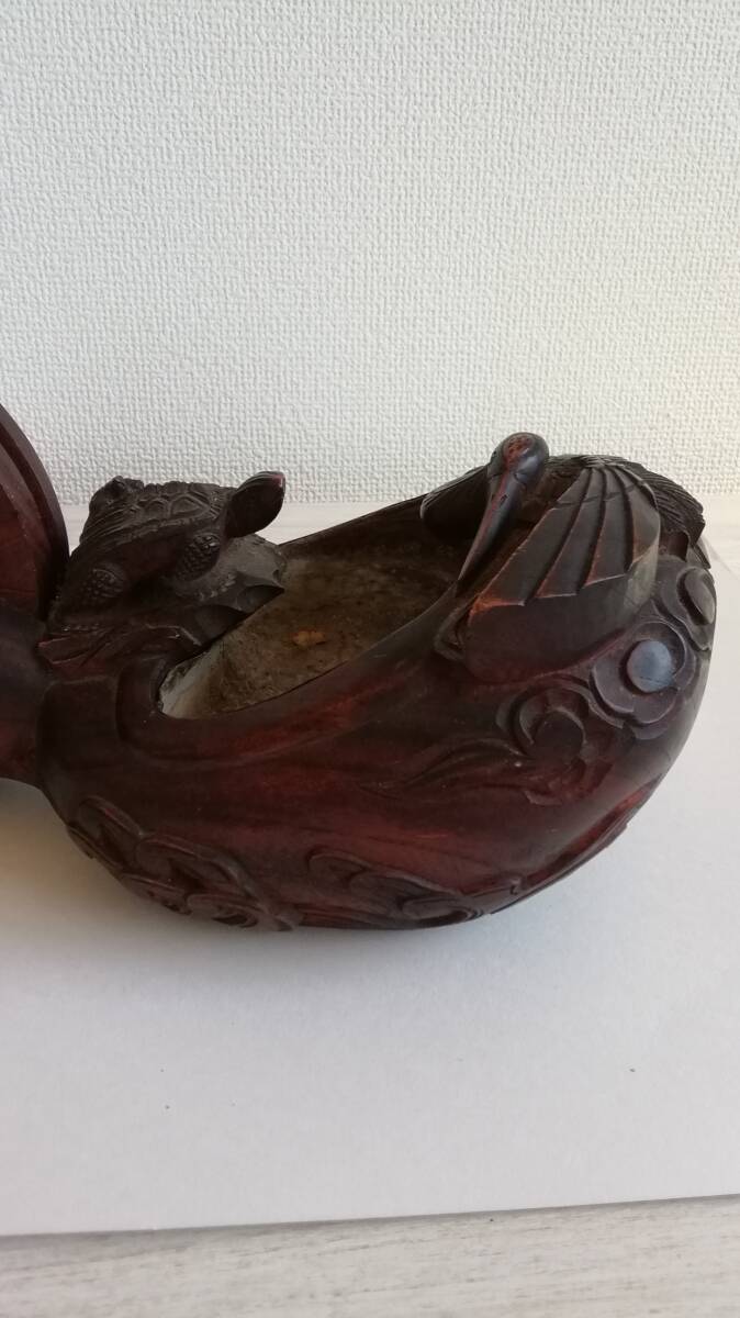 240515.. work . "hu" pot crane turtle tree carving total length approximately 35.5cm.. thing display ornament objet d'art wooden .. ink-pot with defect 