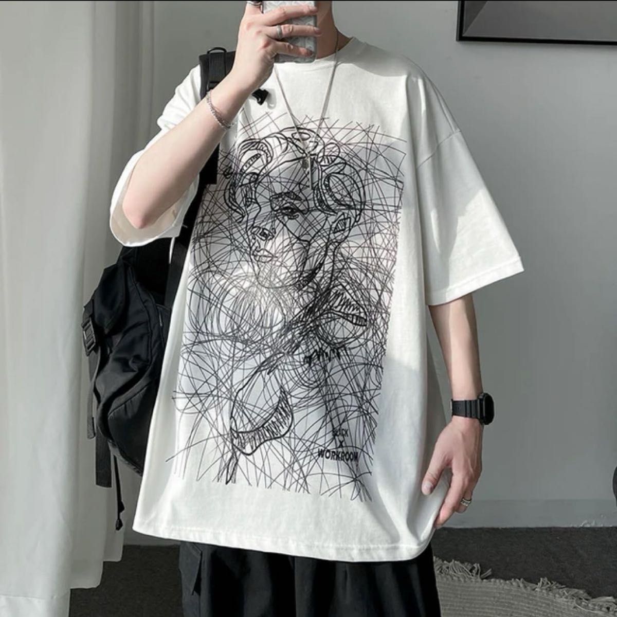 半袖 Tシャツ アートデッサン 落書き 白 ホワイト 2XL フロント プリント