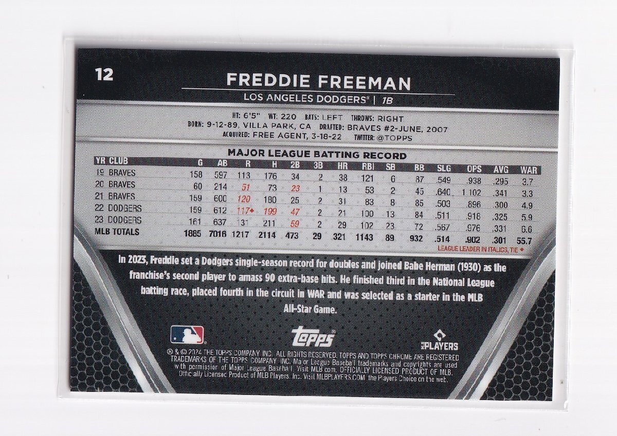 フレディ・フリーマン 【16/50】 2024 Topps Chrome Black Gold Mini-Diamond Refractors #12 Freddie Freeman Dodgers_画像2