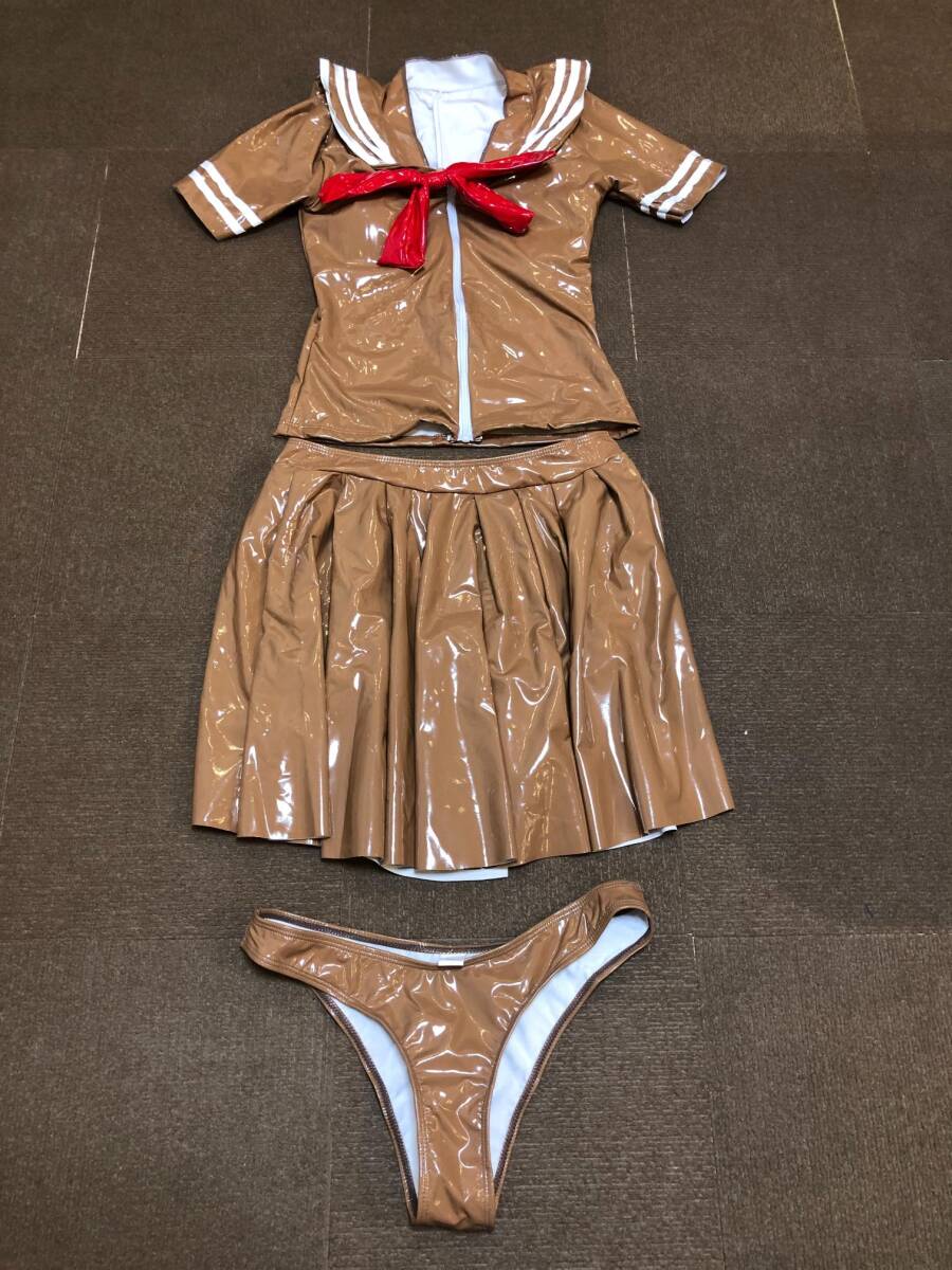 ※同梱不可 超光沢 セーラー風トップス,プリーツスカート 学生制服 ストレッチ生地 上下セット(ブラウン)ＸＸＸＬ_画像3