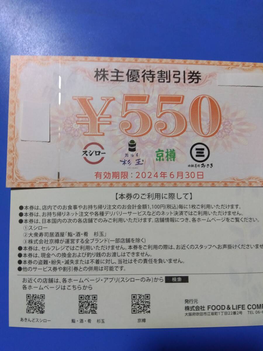 ssi low stockholder hospitality discount ticket 550 jpy ticket ×4 sheets 6/30 FOOD & LIFE COMPANIES stockholder hospitality paypay remainder height use un- possible 