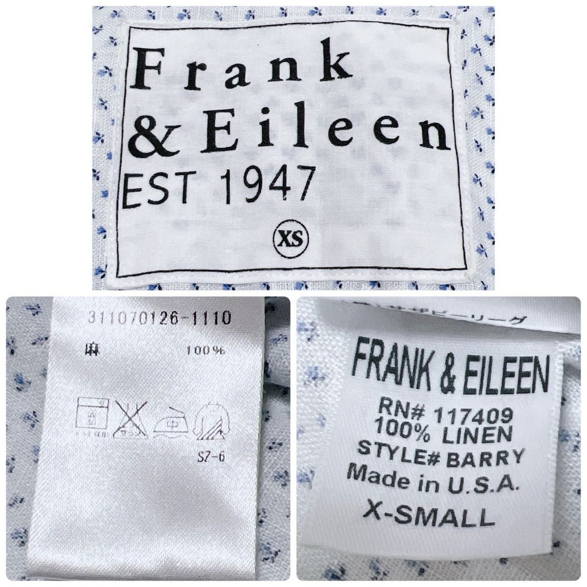Frank&Eileen リネン スキッパー 小花柄 シャツ 長袖 ブルー XS