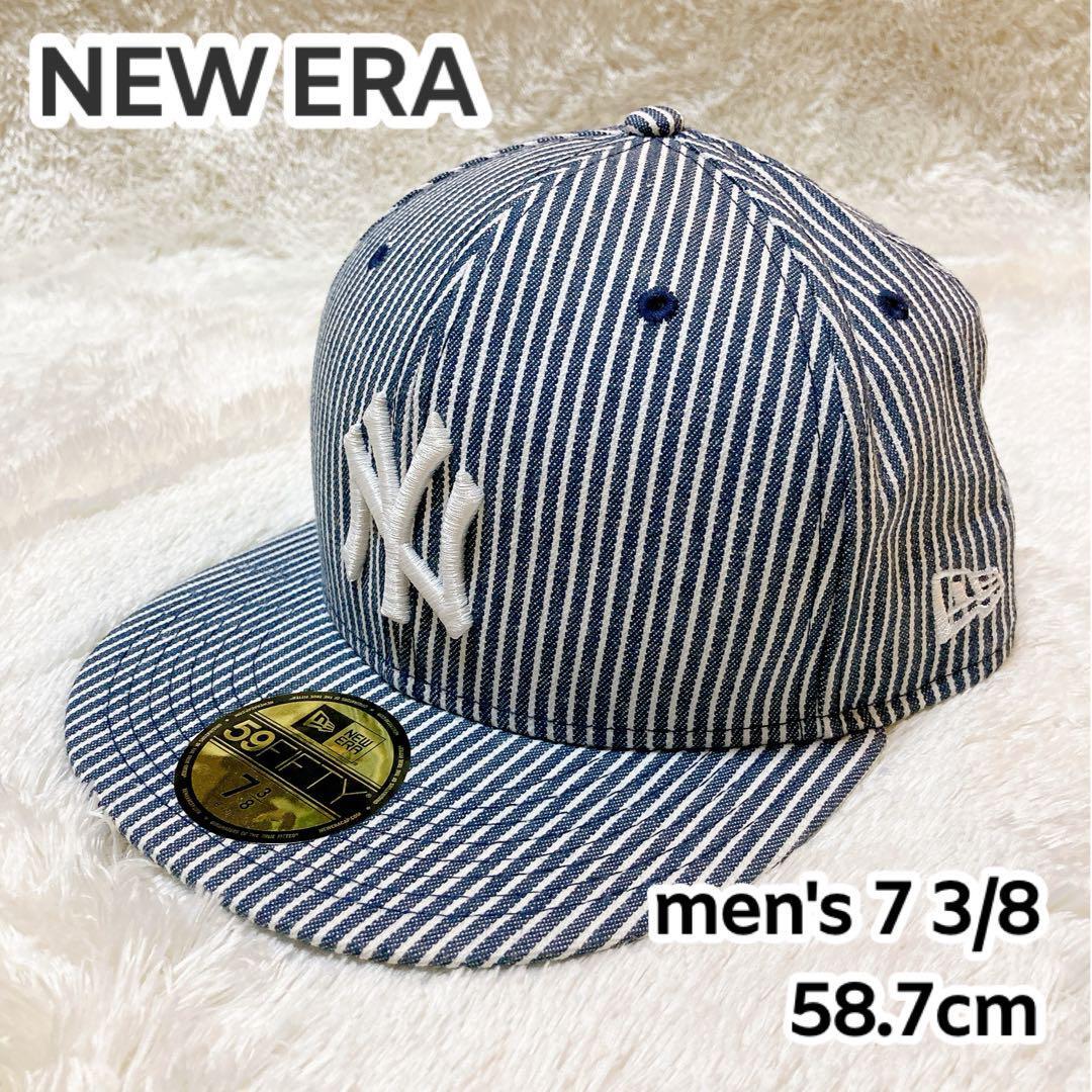 美品 ニューエラ メンズ キャップ ヒッコリー ストライプ 7.375 73/8 NEW ERA フィッテッド 59FIFTY ニューヨークヤンキース ブルー系 紺_画像1