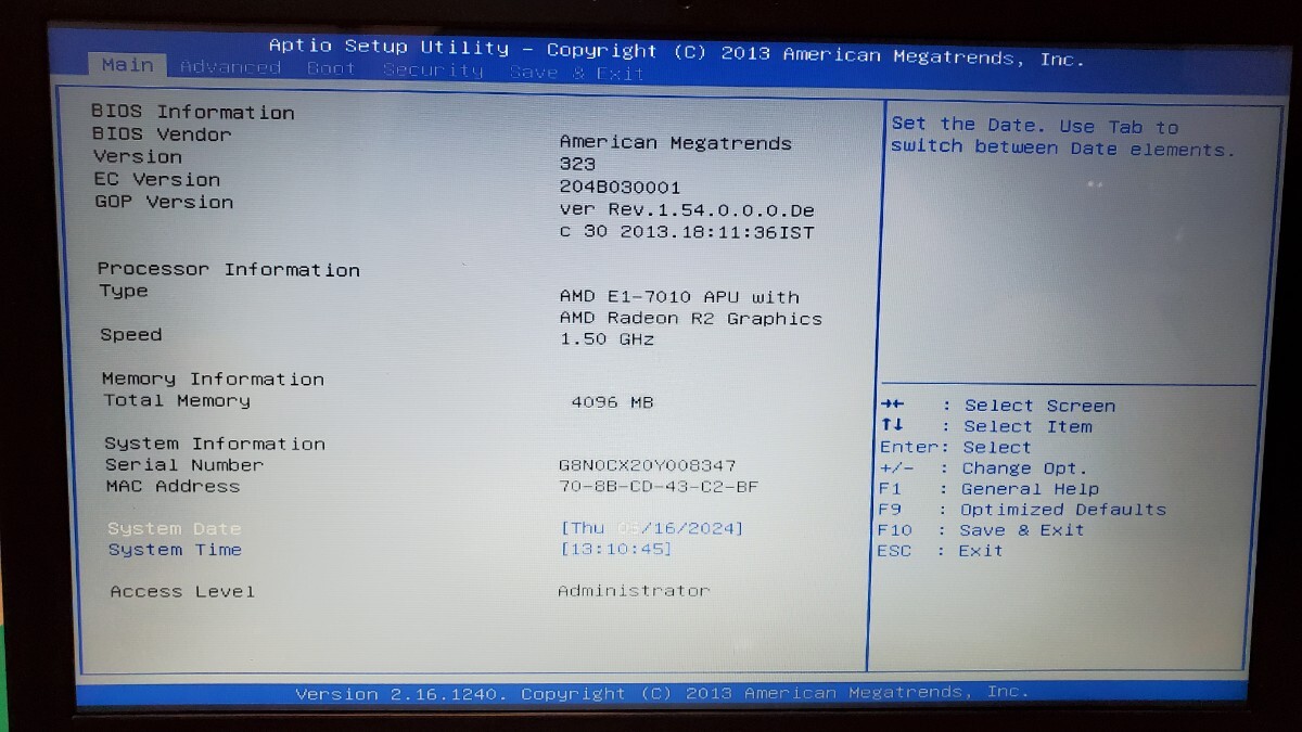 ASUS X540Y Windows11Home ライセンス認証済 メモリ4GB ストレージHDD500GB AMD E1-7010プロセッサー_BIOS画面