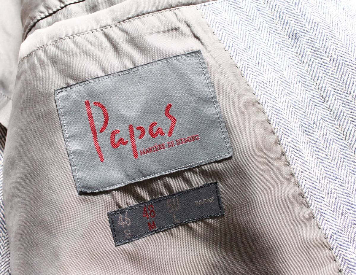 美品 Papas パパス 高級)麻絹混紡素材（リネン×シルク）ツイードノーカラージャケット シングルノーカラーコートの画像9