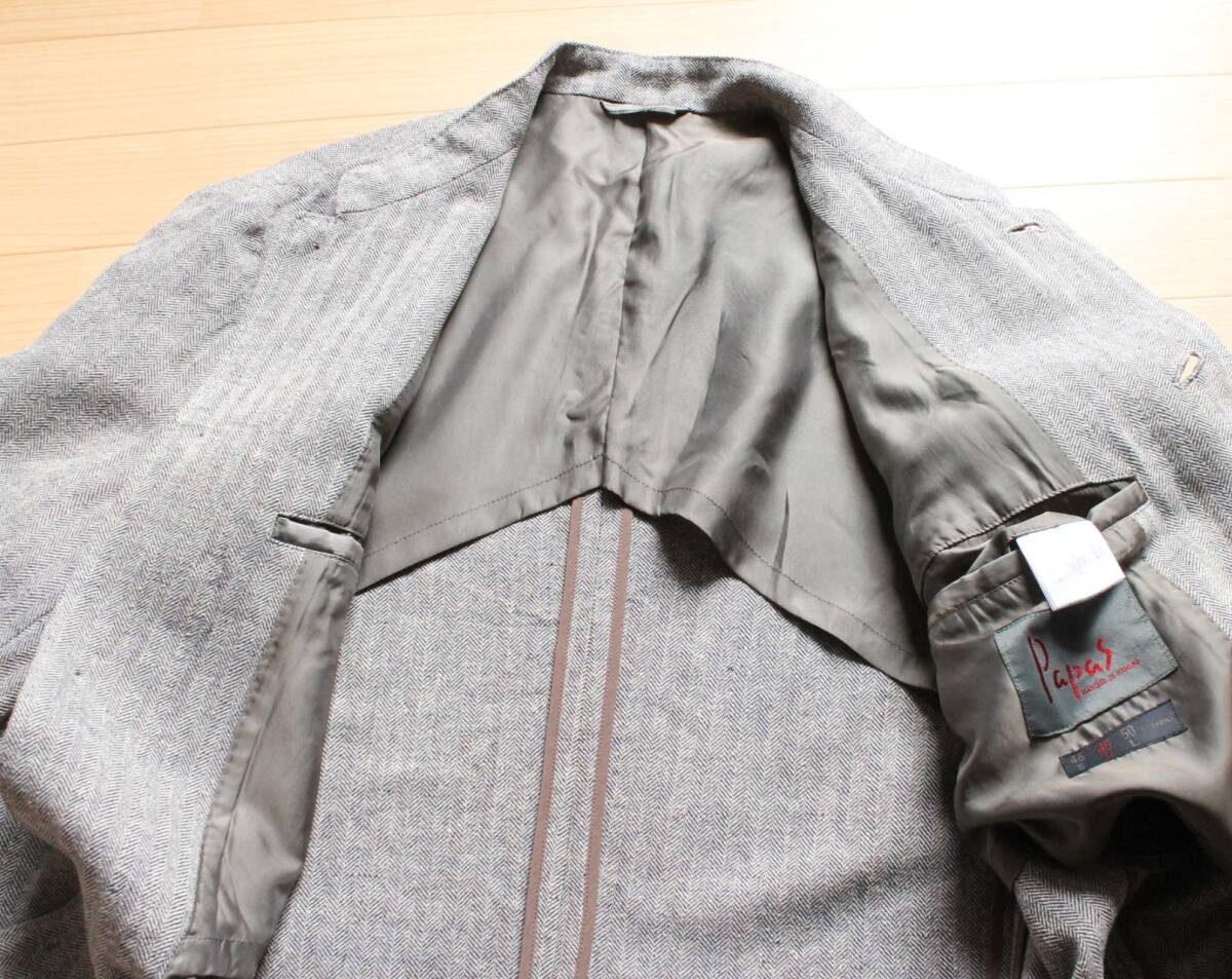 美品 Papas パパス 高級)麻絹混紡素材（リネン×シルク）ツイードノーカラージャケット シングルノーカラーコートの画像5