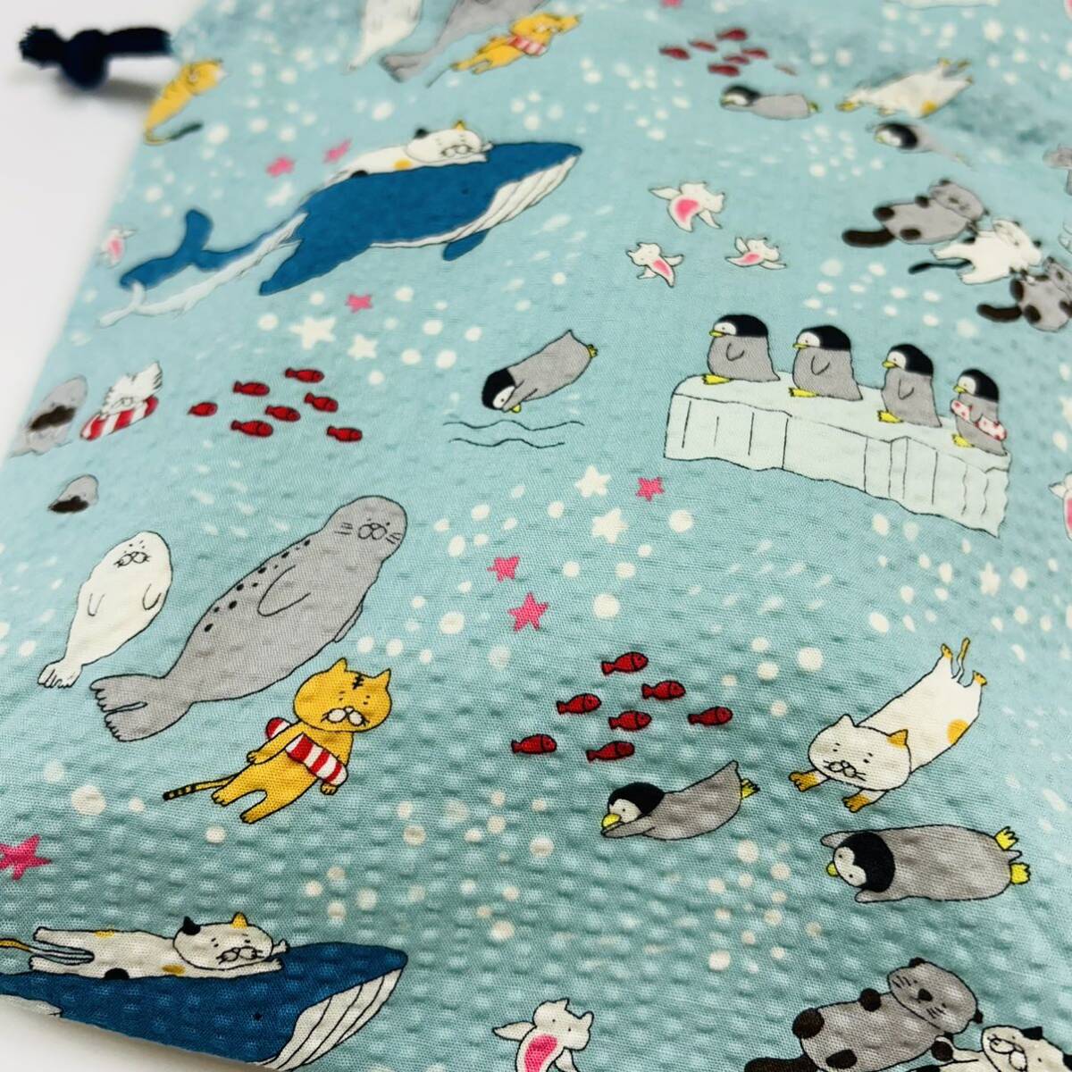 【即決】ハンドメイド 巾着袋 水族館 猫 クジラ ペンギン ラッコ アザラシ リップル加工_画像6