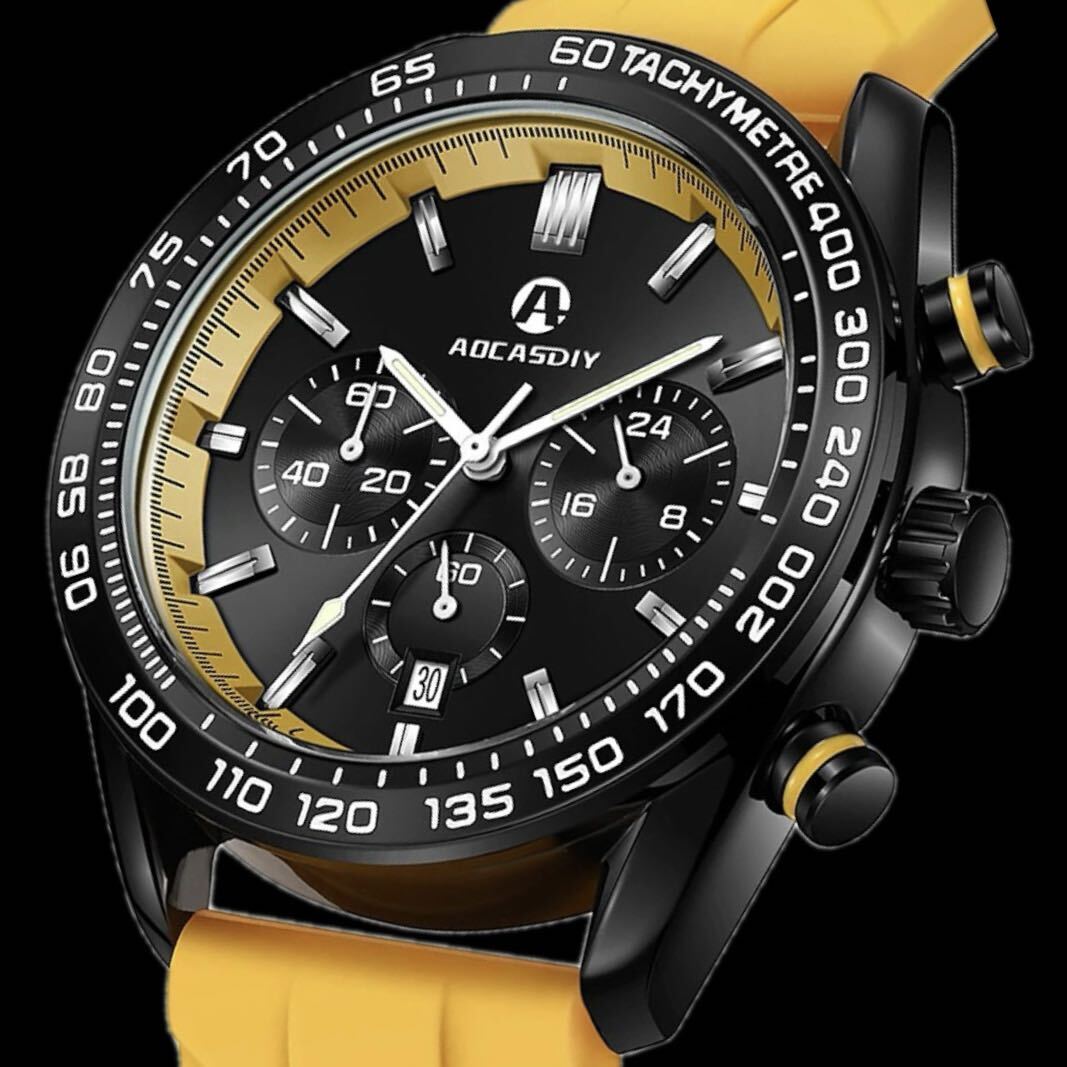 新品 AOCASDIY オマージュクロノグラフウォッチ ラバーストラップ メンズ腕時計 イエロー A2996_画像2