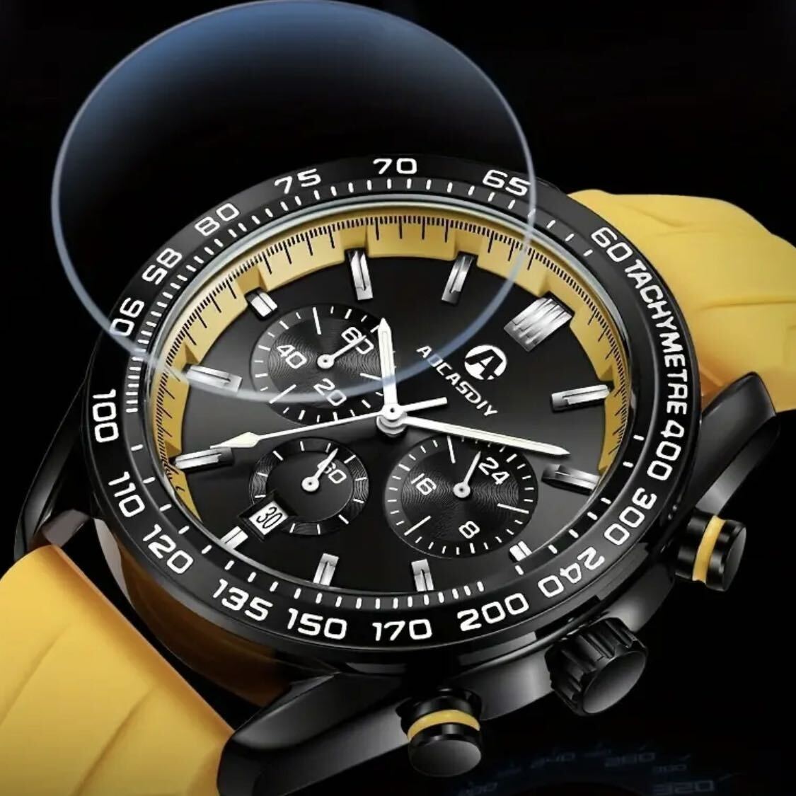 新品 AOCASDIY オマージュクロノグラフウォッチ ラバーストラップ メンズ腕時計 イエロー A2996