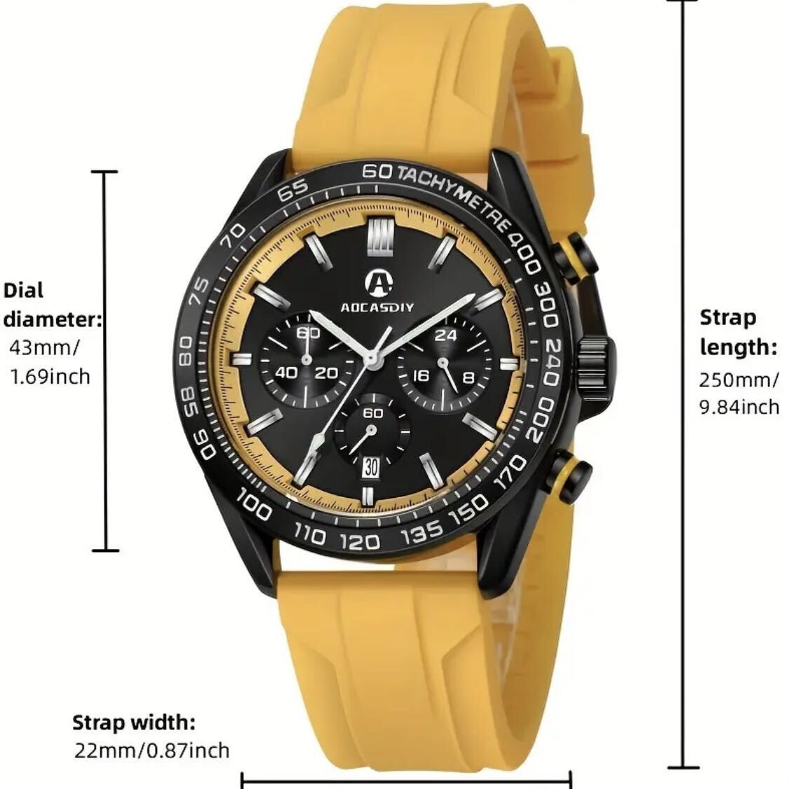 新品 AOCASDIY オマージュクロノグラフウォッチ ラバーストラップ メンズ腕時計 イエロー A2996_画像10