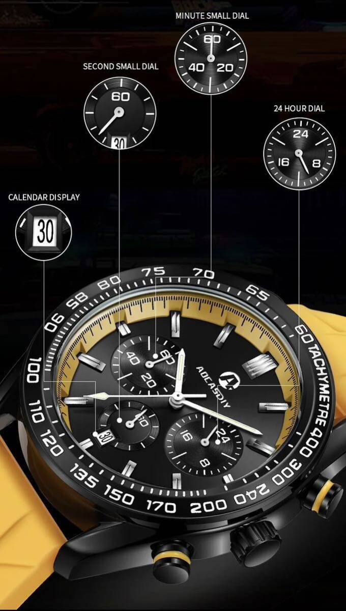 新品 AOCASDIY オマージュクロノグラフウォッチ ラバーストラップ メンズ腕時計 イエロー A2996