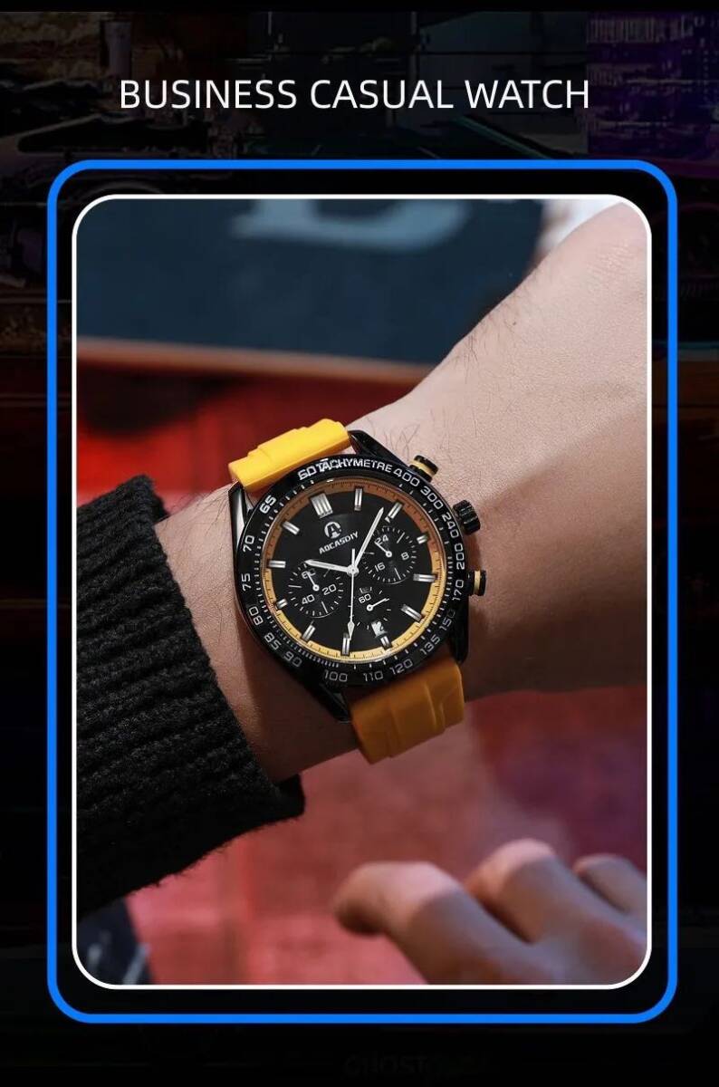 新品 AOCASDIY オマージュクロノグラフウォッチ ラバーストラップ メンズ腕時計 イエロー A2996_画像5