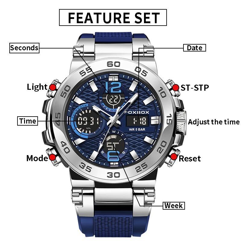新品 FOXBOX デュアルウォッチ50M防水メンズ腕時計 ラバーストラップ ブルー＆シルバー