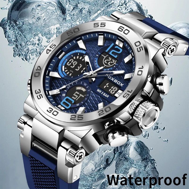 新品 FOXBOX デュアルウォッチ50M防水メンズ腕時計 ラバーストラップ ブルー＆シルバー_画像8