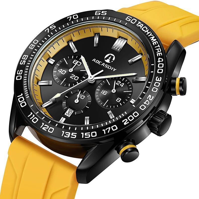 新品 AOCASDIY オマージュクロノグラフウォッチ ラバーストラップ メンズ腕時計 イエロー A2996_画像4