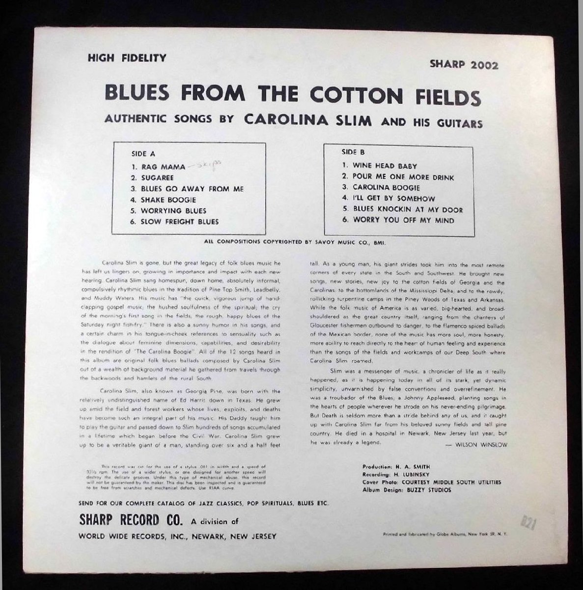 ●US-Sharp Record Co.1オリジナル””Mono,'60,Folk Blues Classic””!! Carolina Slim / Blues From The Cotton Fields_画像2