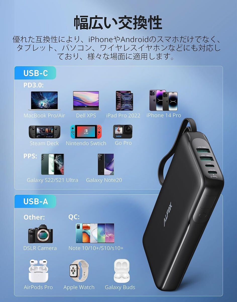 1068) Alfox モバイルバッテリー 65W 20000mAh【USB-A&USB-C 4ポート/LCD残量表示/大容量/PD3.0&QC3.0&PPS対応/4台同時充電】iPhone15/_画像6