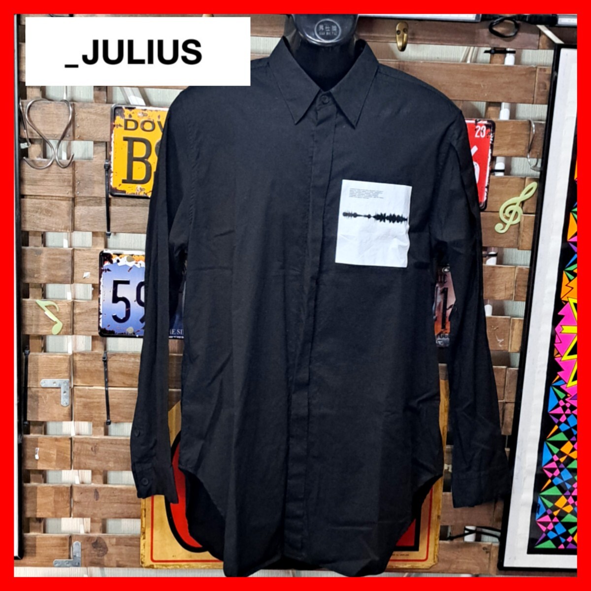 JULIUS ユリウス　プリント　長袖　ロングシャツ　ドレスシャツ　2 Ｍ　ブラック_画像1