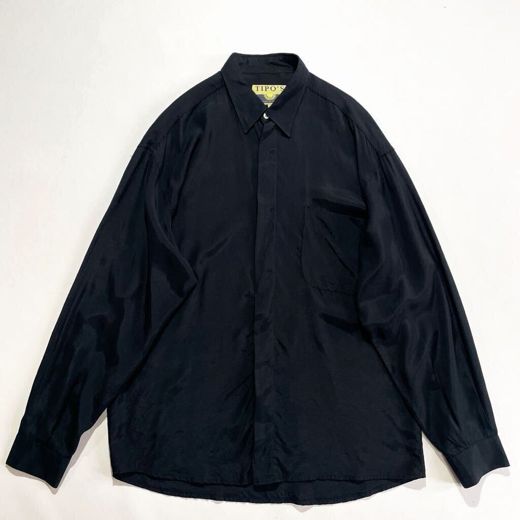 美品♪ビッグサイズ 80s イタリア製 TIPO'S レーヨンシャツ M 黒 無地 ビンテージ 隠しボタン ブラックの画像1