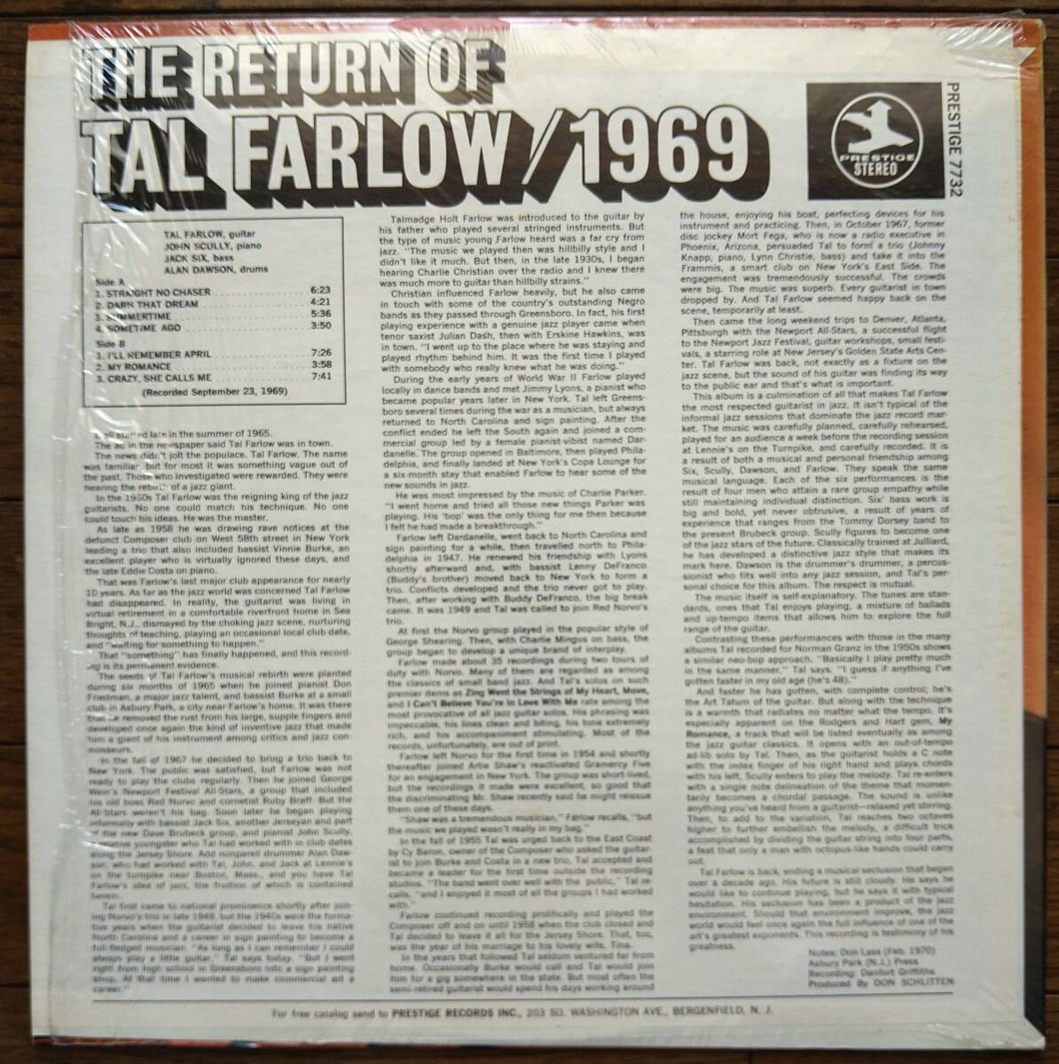 USオリジナル盤【Tal Farlow】The Return of Tal Farlow 1969 （Prestige 7732)　初回DBH刻印あり　超美盤_画像2