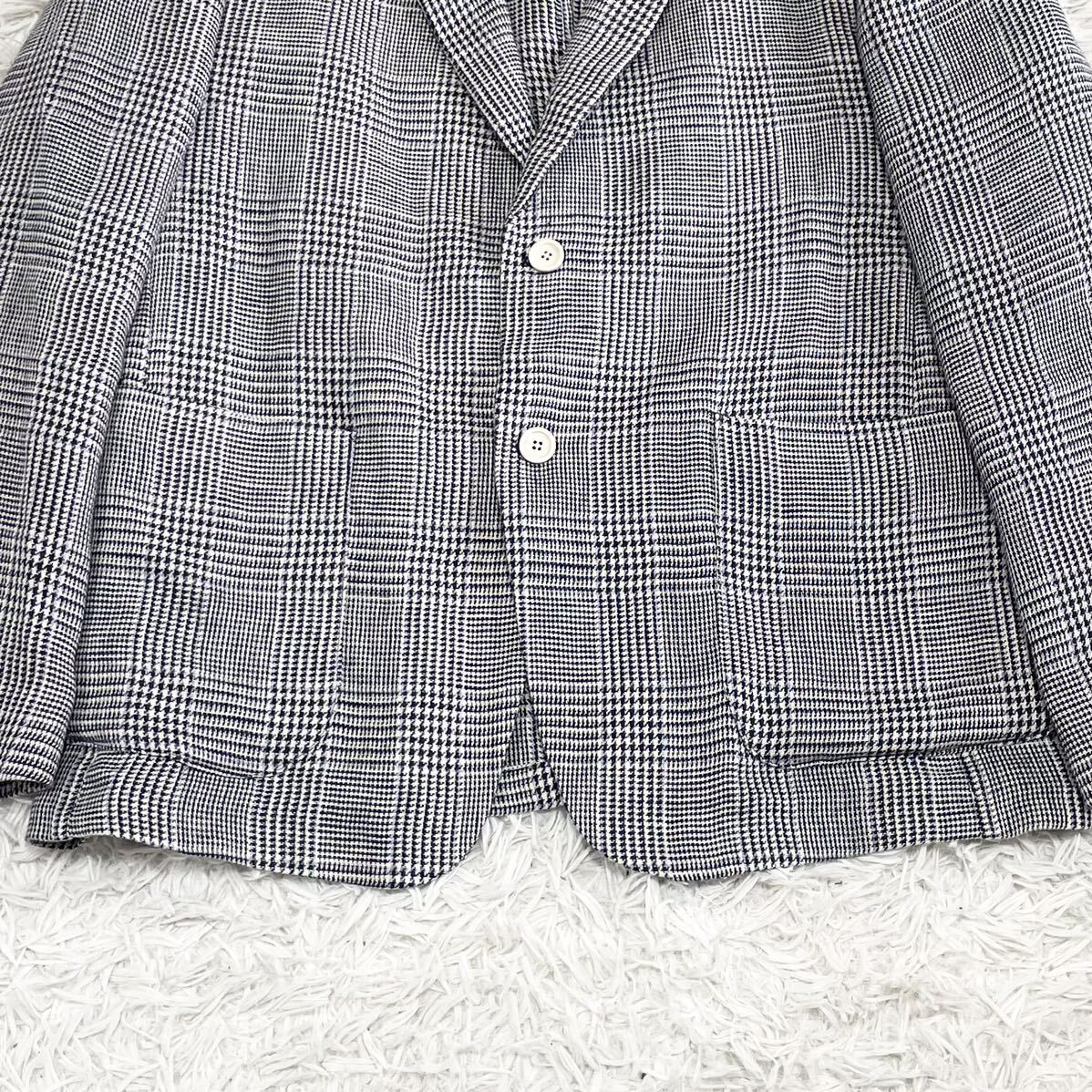 1円〜【美品】ZARA ザラ テーラードジャケット リネン100％ グレンチェック 千鳥格子 大きいサイズ XL グレー 麻 2B センターベント_画像4