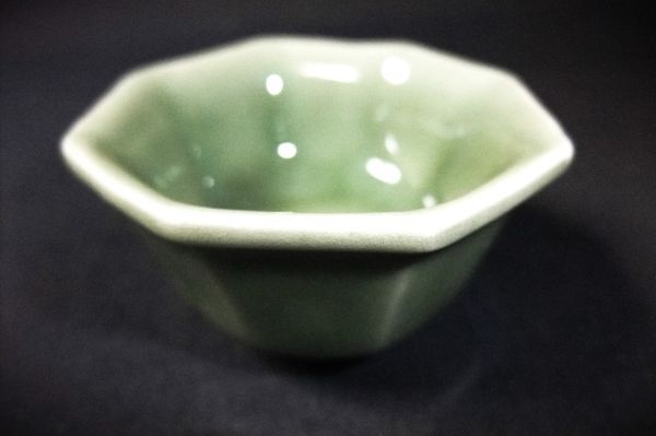 [.].... celadon star anise sake cup old sake cup and bottle Kyoyaki Shimizu . also box #