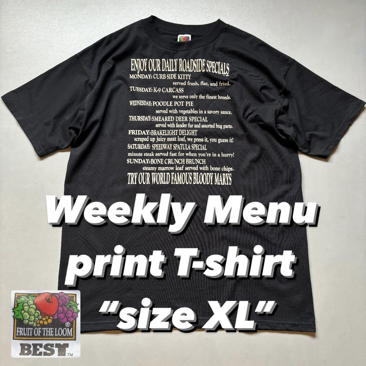Weekly Menu print T-shirt “size XL” 週間メニュー プリントTシャツ 黒 半袖