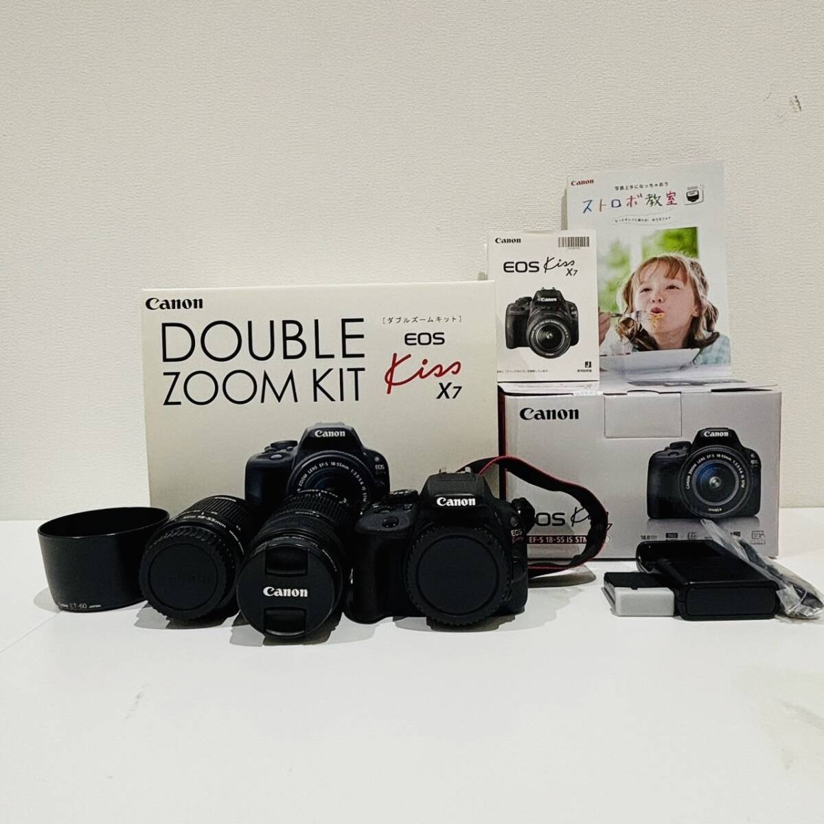 【AMT-11229】Canon キャノン DOUBLE ZOOM KIT EOS Kiss X7 デジタル 一眼レフ カメラEF-S18-55mm EF-S55-250mm 付属品有 通電確認済_画像1