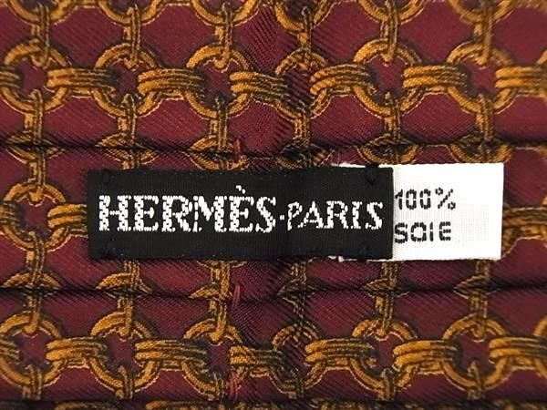 1円 ■新品同様■ HERMES エルメス シルク100% アスコットタイ スカーフ ネクタイ 紳士 メンズ ボルドー系 AW7710_画像3