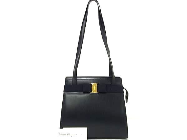 1円 ■美品■ Salvatore Ferragamo フェラガモ BL-216676 ヴァラリボン レザー トートバッグ ショルダー 肩掛けかばん ブラック系 AZ2270_画像1