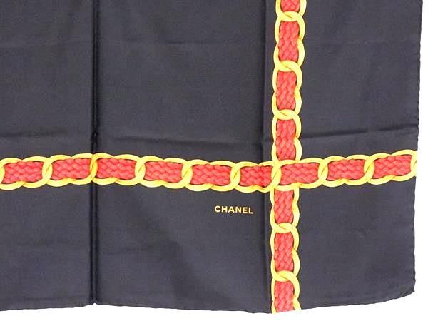 1円 ■新品同様■ CHANEL シャネル シルク100% チェーンベルト柄 スカーフ ストール ショール レディース ブラック系×レッド系 FA4653の画像3