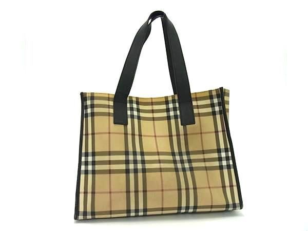 1円 BURBERRY バーバリー ノバチェック PVC×レザー トートバッグ ハンドバッグ レディース メンズ ベージュ系×ブラック系 AZ2215の画像1