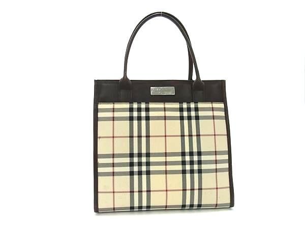 1円 ■美品■ BURBERRY バーバリー ノバチェック キャンバス×レザー ハンドバッグ トート レディース ベージュ系×ブラウン系 AW8565の画像1