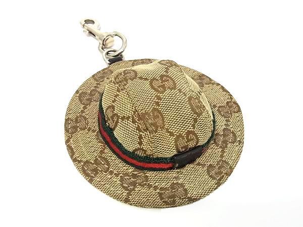 1円 GUCCI グッチ シェリーライン GGキャンバス ハットモチーフ キーホルダー バックチャーム メンズ レディース ベージュ系 FB0543_画像1