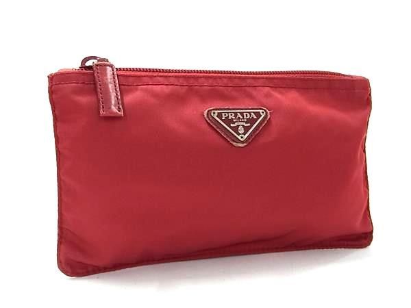 1円 PRADA プラダ テスートナイロン ポーチ マルチケース 小物入れ レディース レッド系 BG8757_画像1