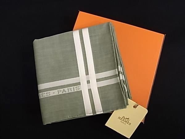 ■新品■未使用■ HERMES エルメス コットン100％ スカーフ ハンカチーフ レディース メンズ グリーン系×ホワイト系 AU9895_画像1