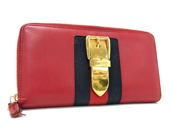 1円 GUCCI グッチ 476083・2067・ レザー ラウンドファスナー 長財布 ウォレット レディース メンズ レッド系 AX3795_画像1