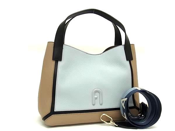 1円 ■美品■ FURLA フルラ プリムラ レザー 2WAY ハンドバッグ トートバッグ ショルダー 斜め掛け ライトブルー系×ベージュ系 AZ2549_画像1