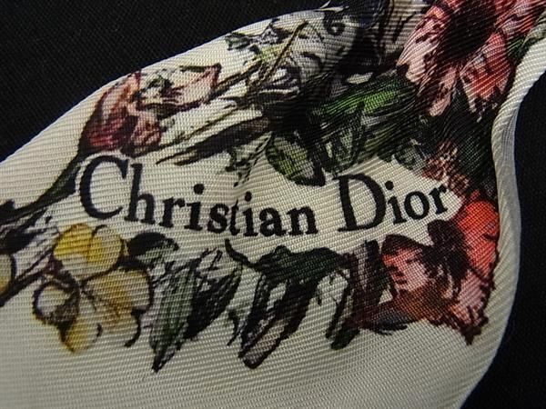 1円 ■美品■ ChristianDior クリスチャンディオール ミッツァ シルク100% フラワー ツイリー リボンスカーフ アイボリー系 FA6942_画像3