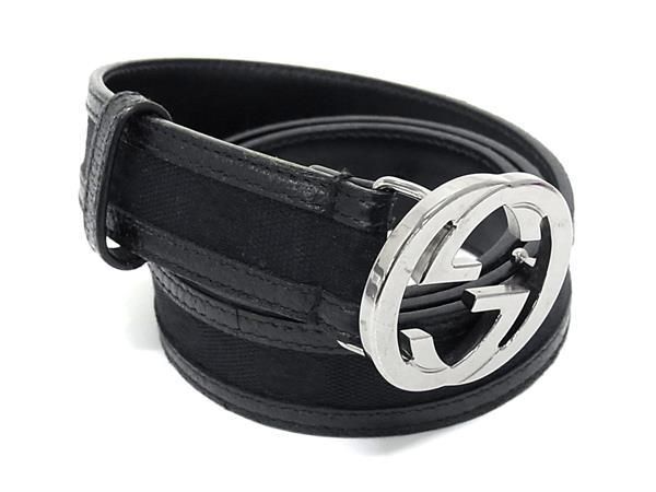1 jpy GUCCI Gucci 114874 1766 Inter locking G leather ×GG canvas silver metal fittings belt declared size 85*34 black group AZ3197