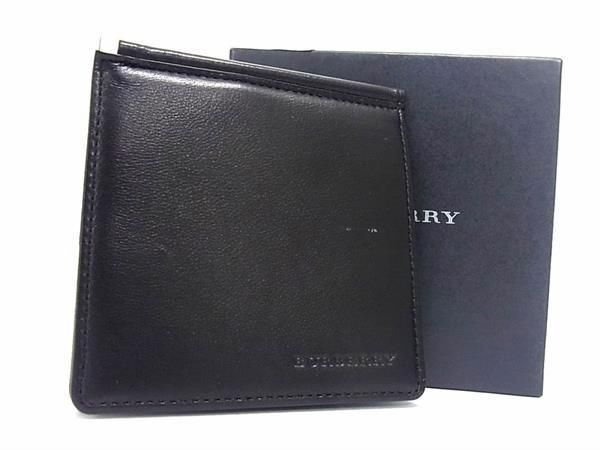 1円 ■美品■ BURBERRY バーバリー レザー マネークリップ カードケース 札挟み 財布 ウォレット カード入れ メンズ ブラック系 FA8087_画像1