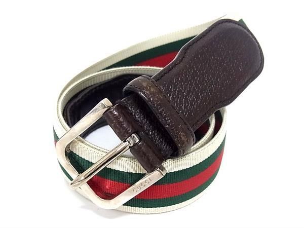 1 jpy # beautiful goods # GUCCI Gucci 154896 480199 Sherry line canvas × leather silver metal fittings belt declared size 85*34 brown group AZ3083