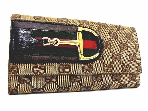 1円 GUCCI グッチ 137375 2184 シェリーライン ホースビット GG柄 GGキャンバス×レザー 二つ折り 長財布 ウォレット ブラウン系 AX6789_画像1